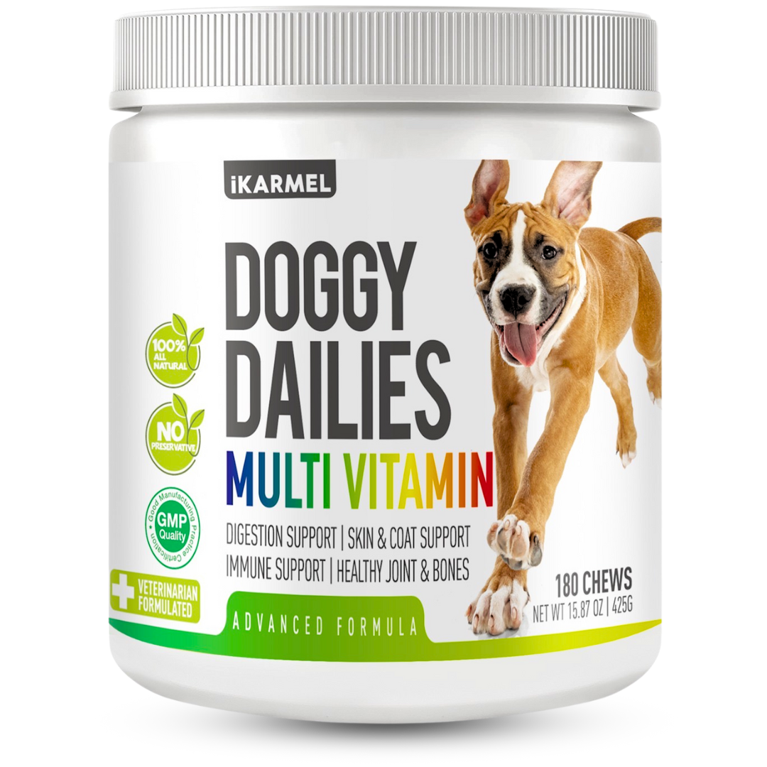 Doggy Dailies multivitamin supplement jar for dogs with playful dog image, 180 chews