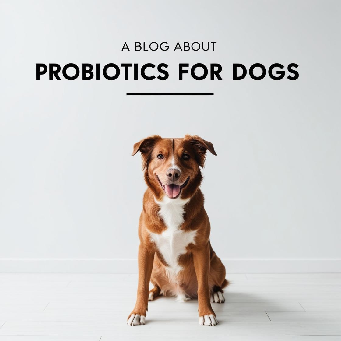 Happy brown and white dog sitting indoors under probiotics for dogs blog text