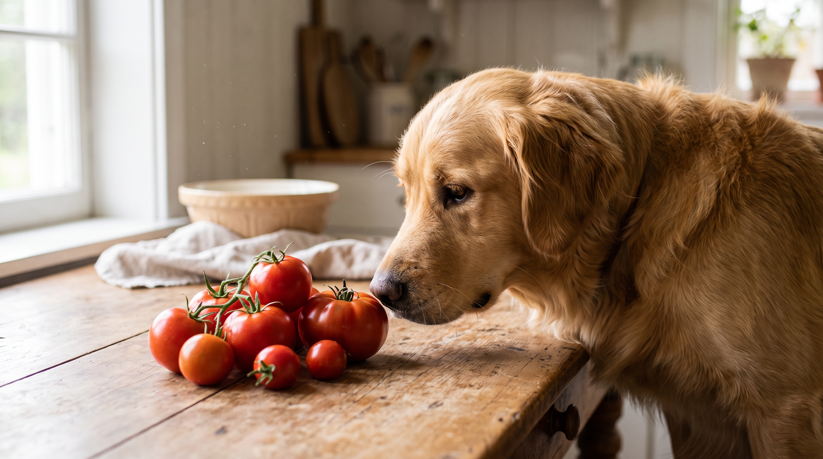 Golden retriever sniffing fresh ripe tomatoes on a wooden table
