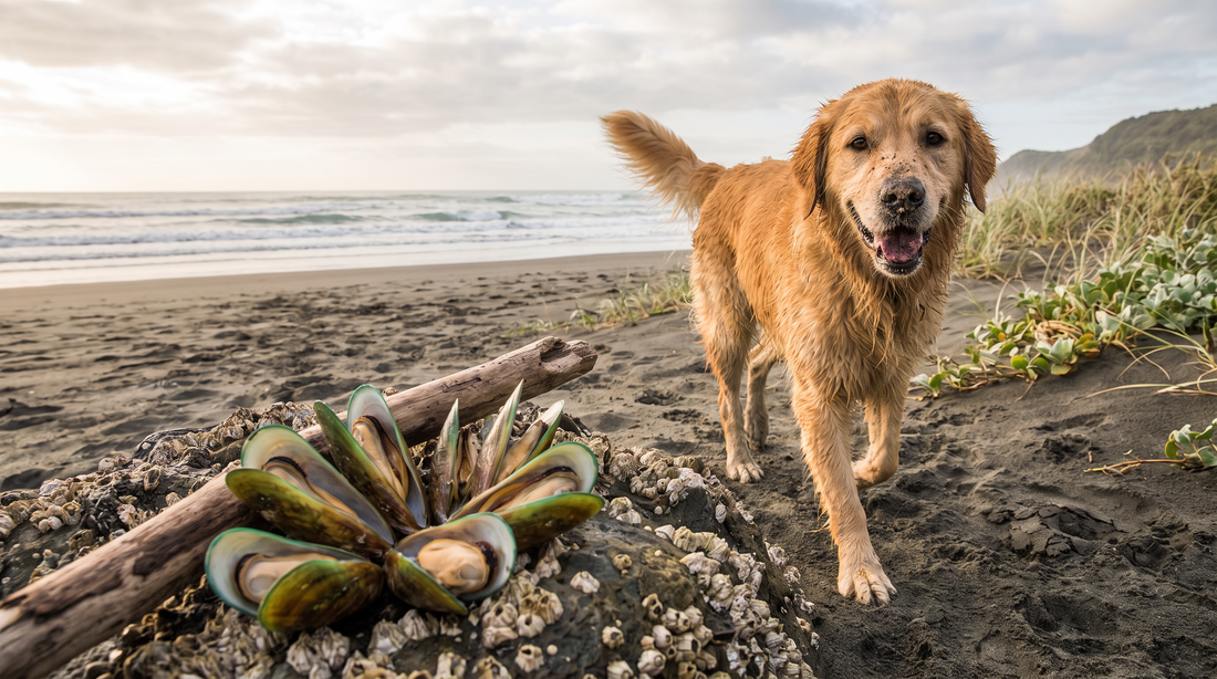 Dog on coastline with green-lipped mussels - green-lipped mussel for dogs