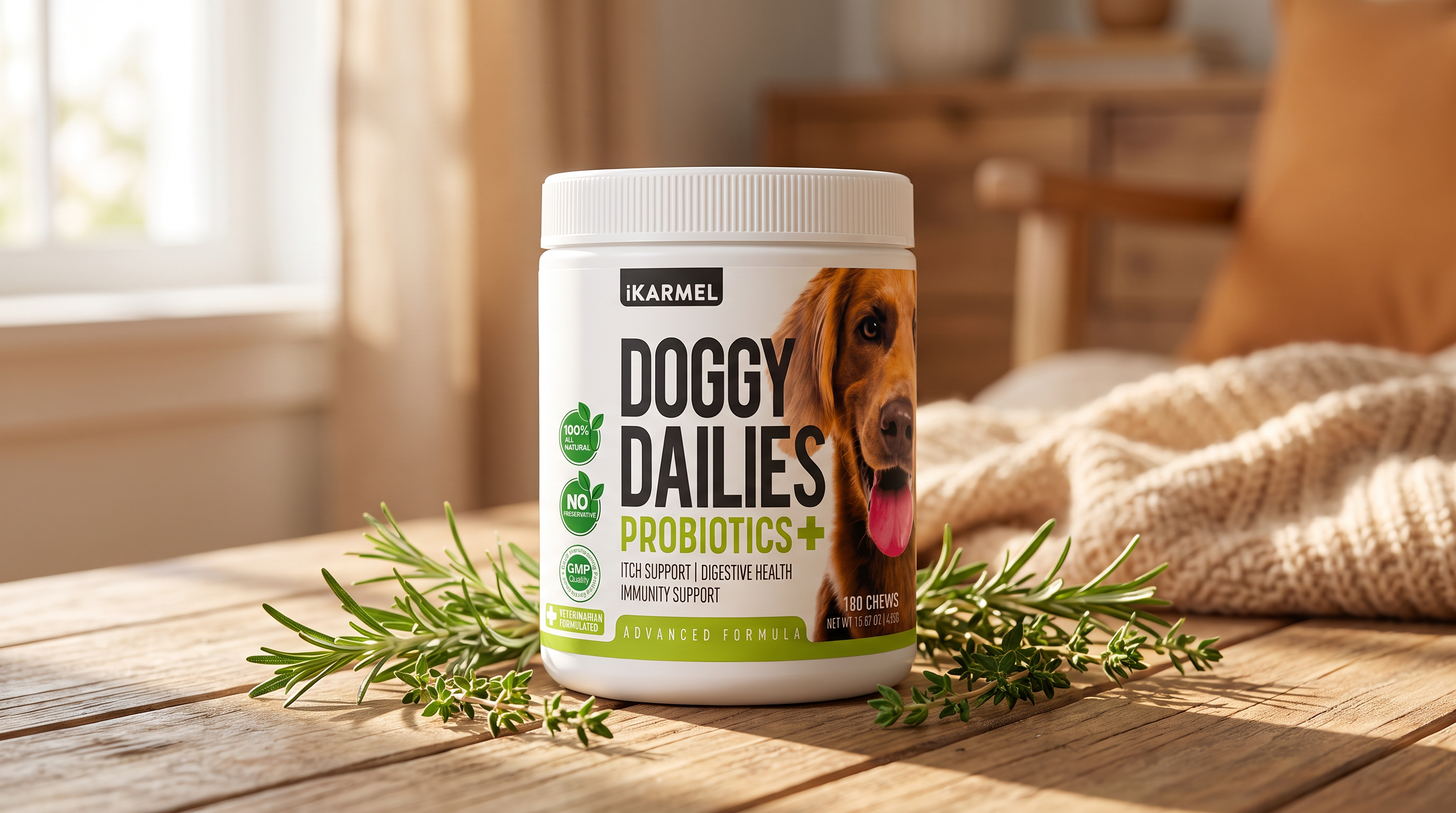 Doggy Dailies vet-formulated Probiotic Chews jar for dog gut health