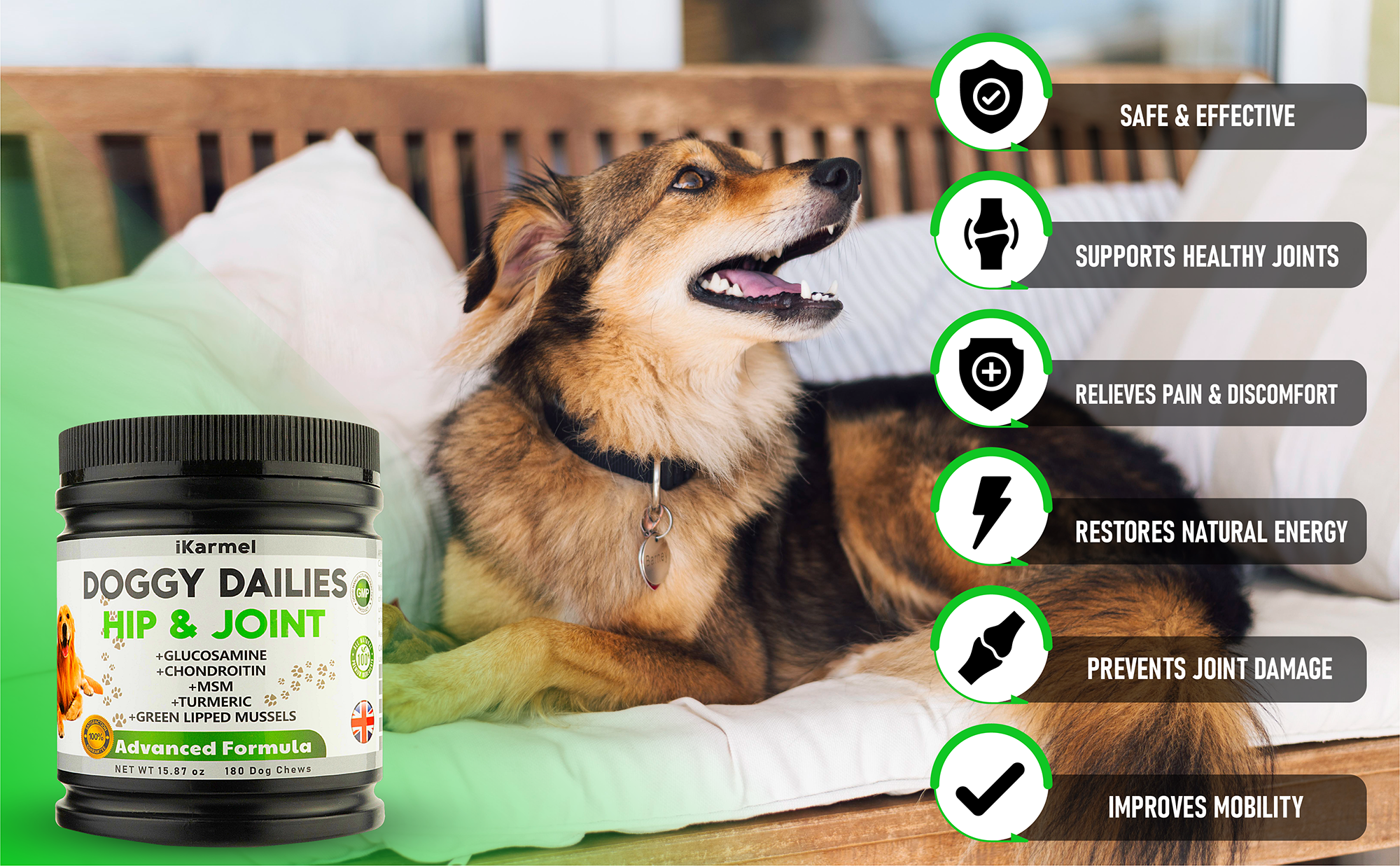 Dog relaxing on bench beside Doggy Dailies hip and joint supplement, with joint health benefit icons.