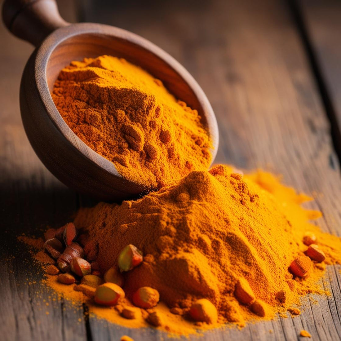 Wooden bowl filled with turmeric powder on rustic wooden table, scattered turmeric roots