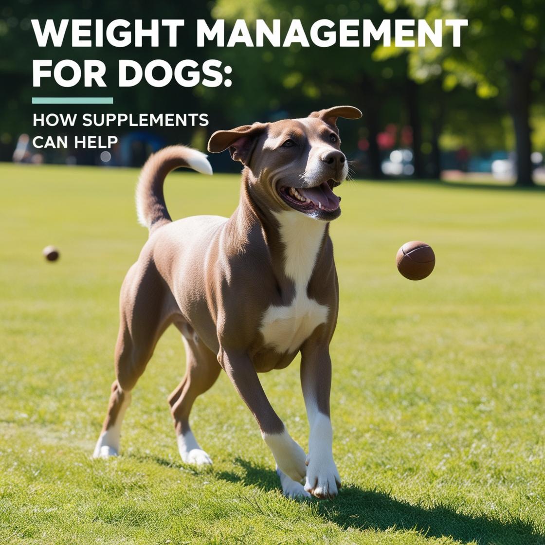Active dog playing fetch on grass, weight management supplements for dogs concept