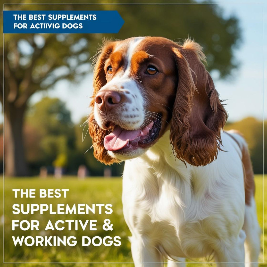 Happy Spaniel dog outdoors, with text promoting supplements for active and working dogs.
