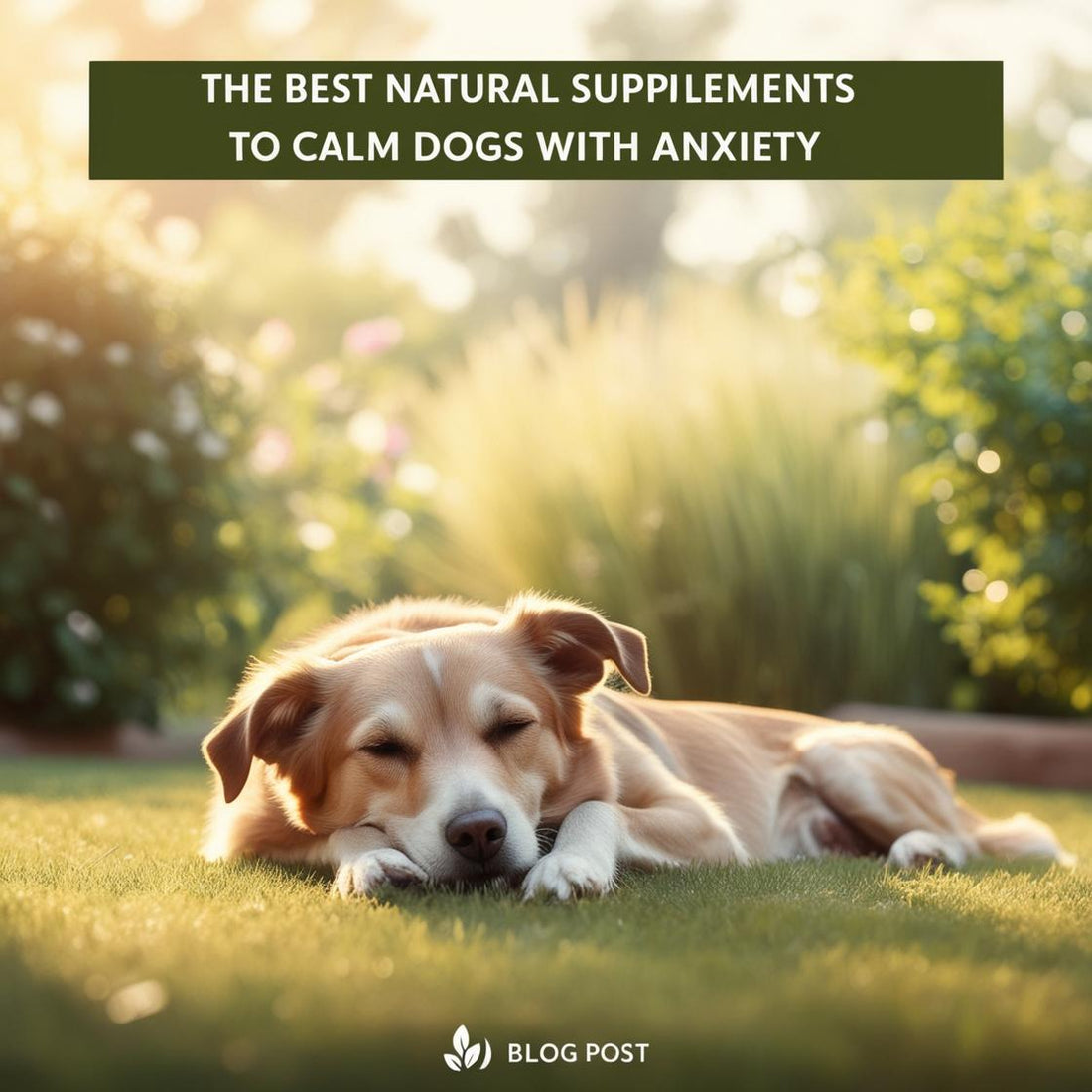 Relaxed dog lying on grass outdoors with sunlight, blog post on calming dog supplements