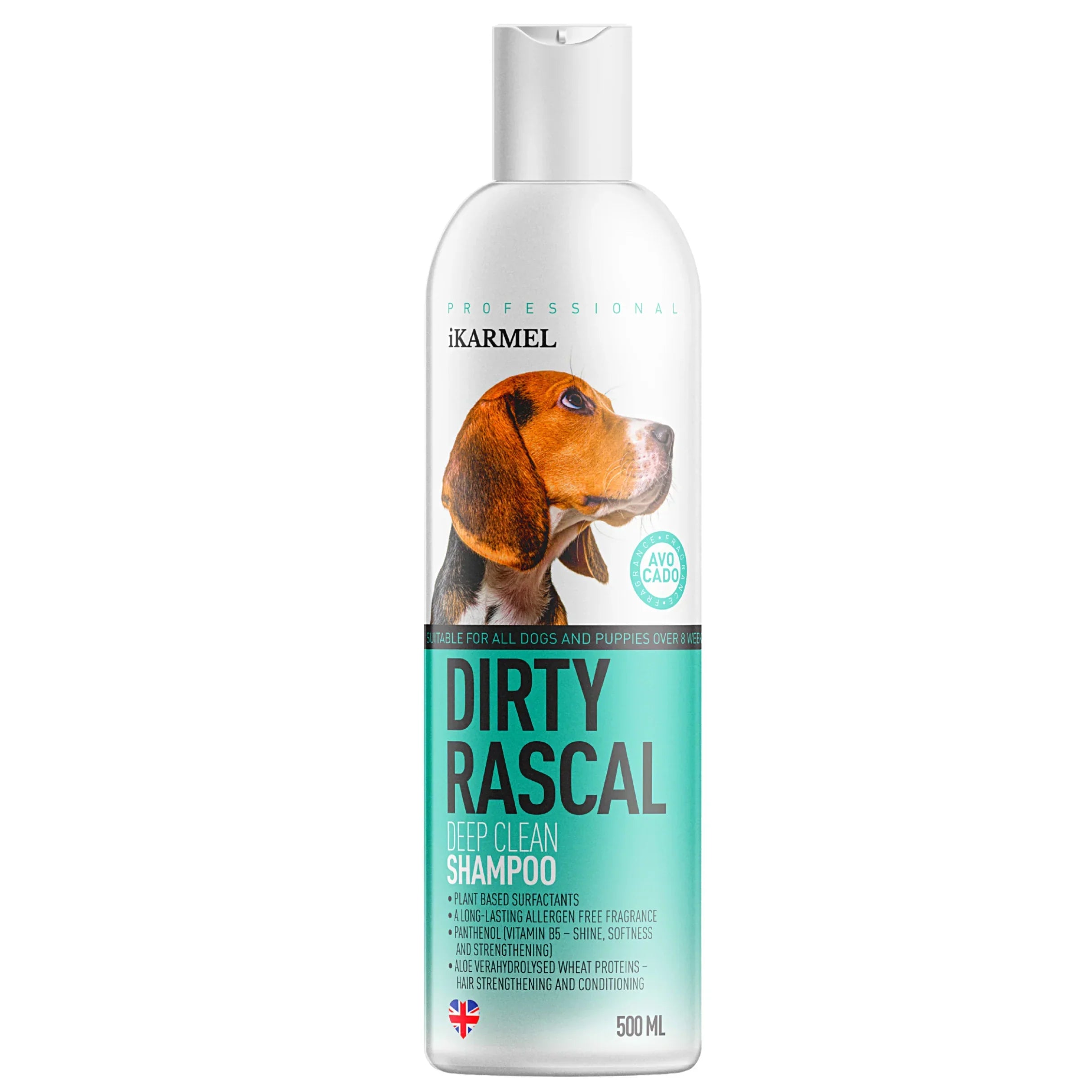 Dog shampoo bottle with a beagle image, labeled Dirty Rascal Deep Clean, 500ml