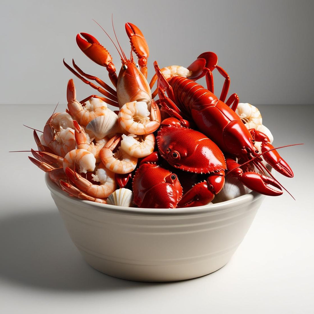 Dog bowl filled with shellfish including shrimp, crabs, lobsters, and clams on white background
