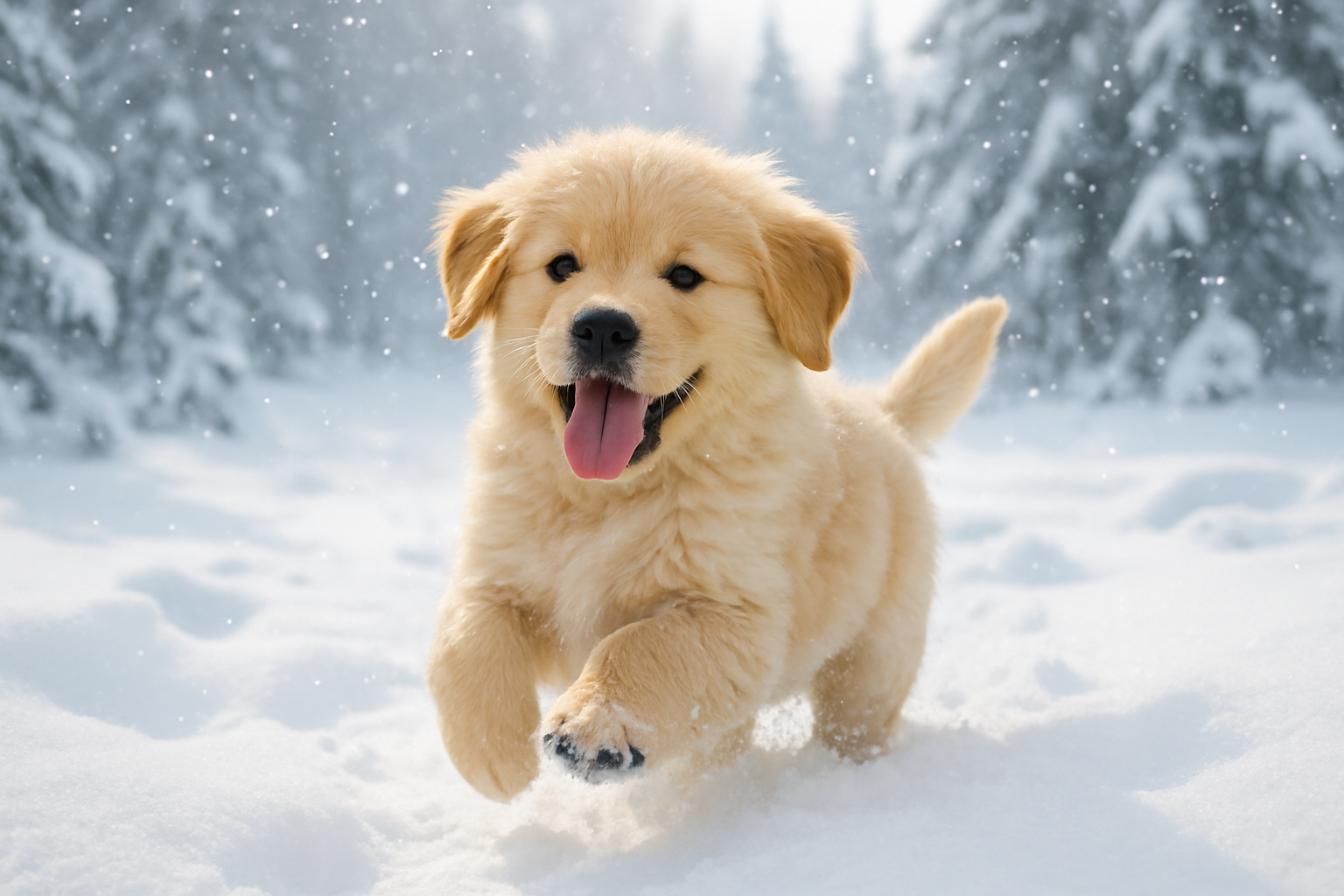 happy golden retriever puppy running in snowy forest, healthy active dog in winter