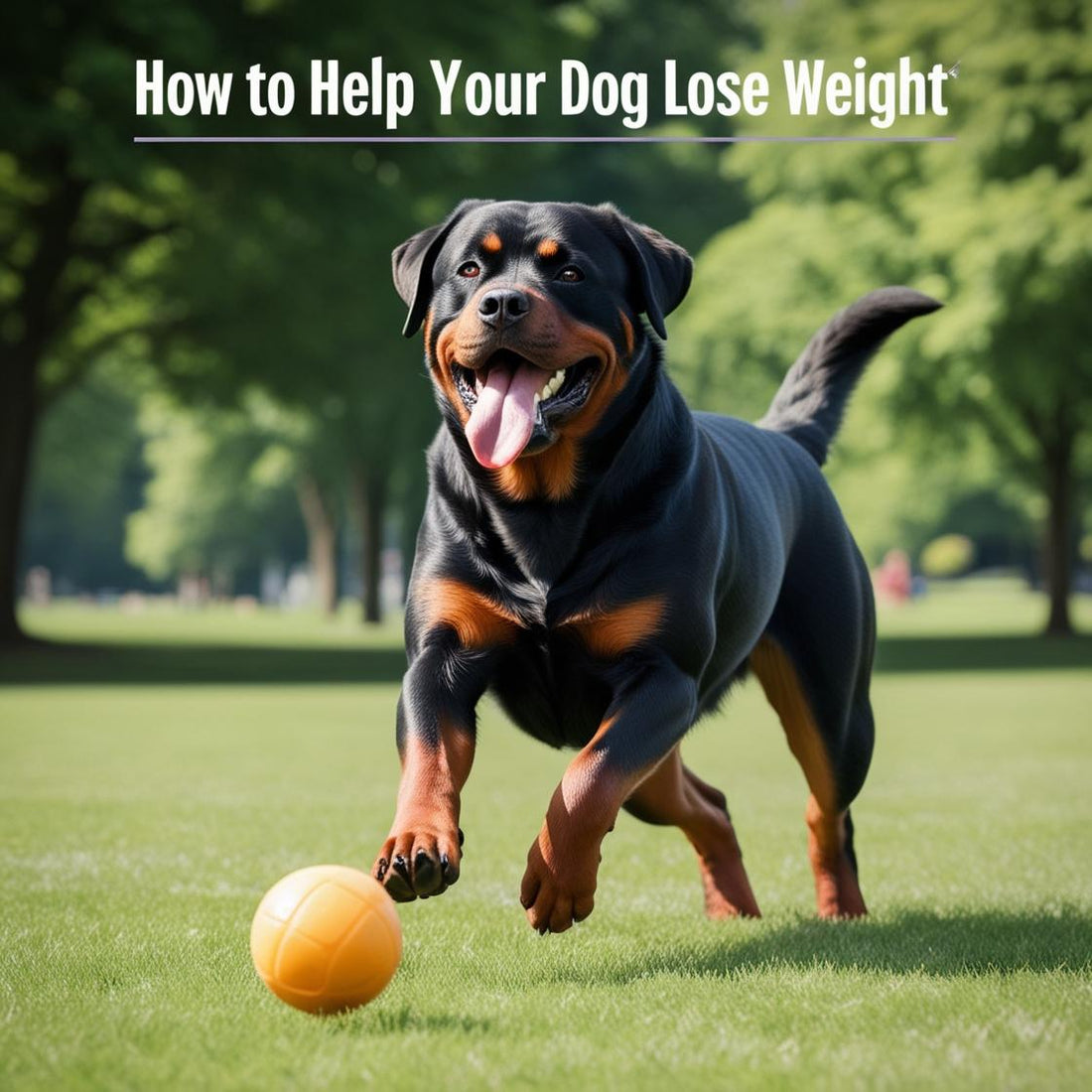 Rottweiler playing with orange ball in park, promoting dog weight loss and exercise.