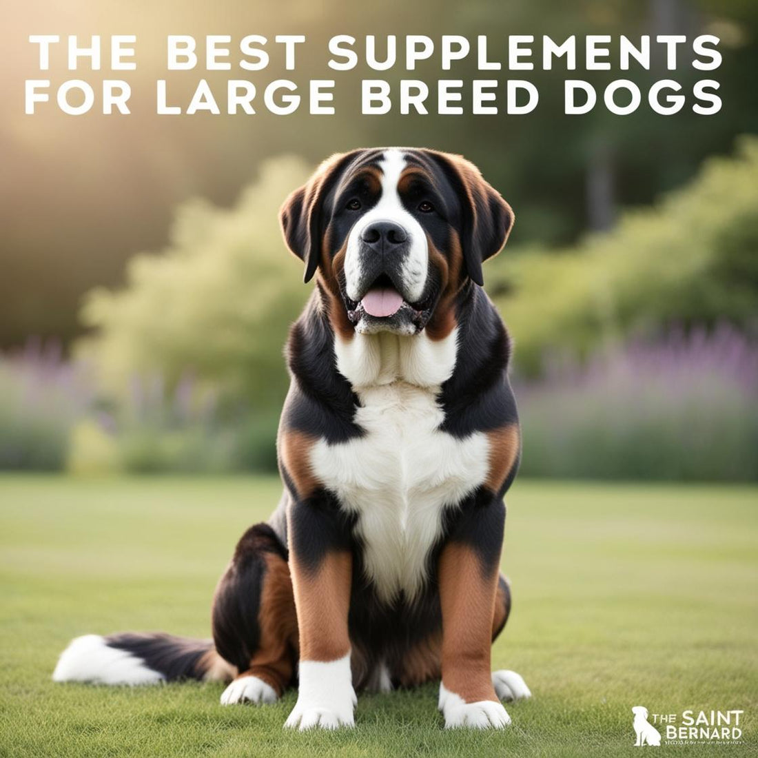 Large Saint Bernard dog sitting on grass outdoors, text advertises best supplements for large breed dogs.