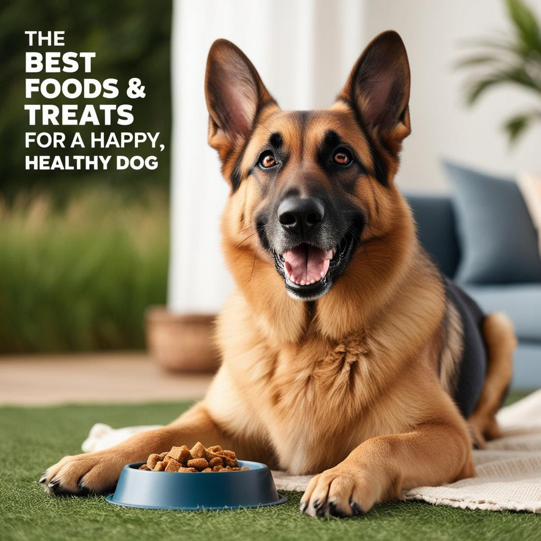 Happy German Shepherd with bowl of healthy dog treats on carpet indoors, wellness concept