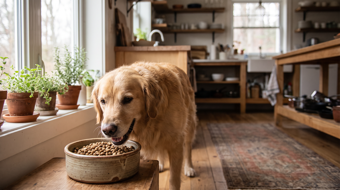 Healthy dog eating from a bowl - probiotics for dogs