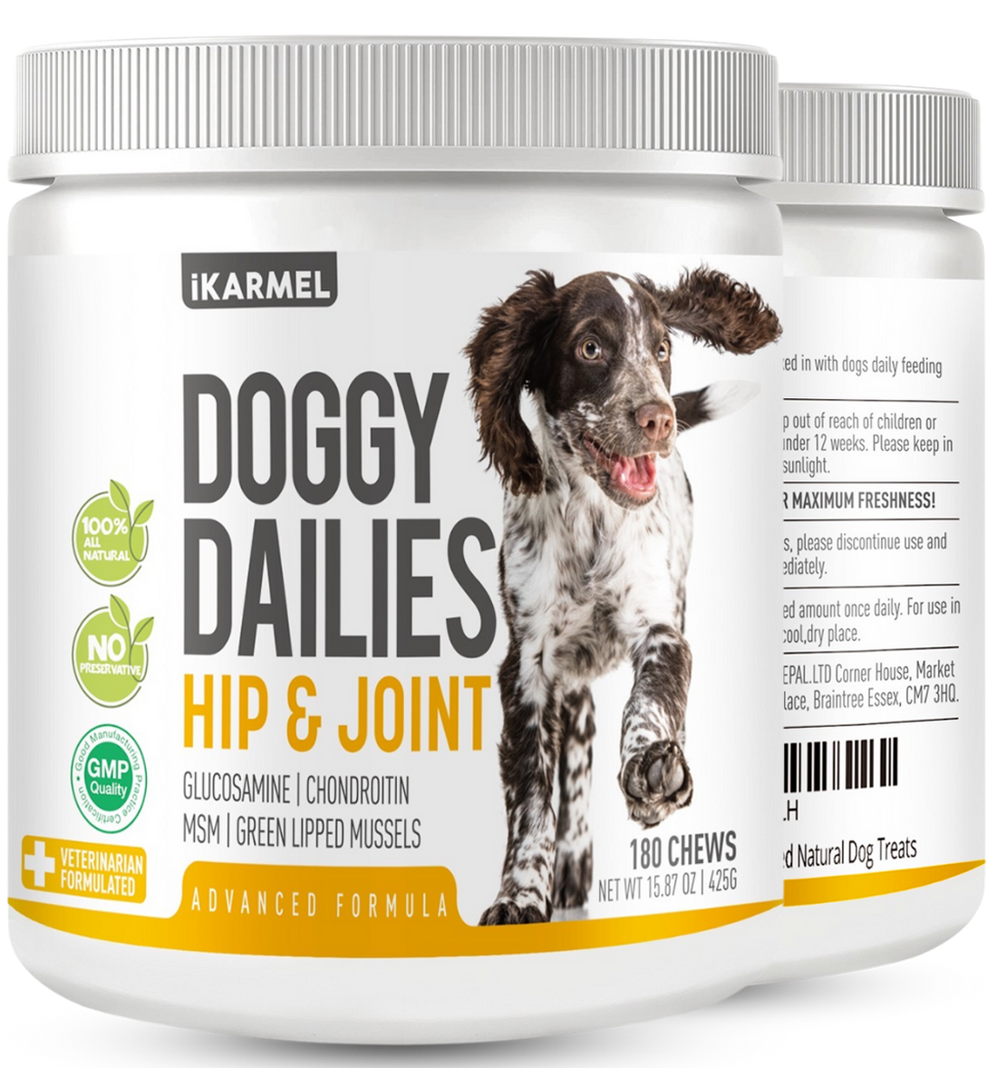 Dog hip and joint supplement container with happy dog and natural health formula labels