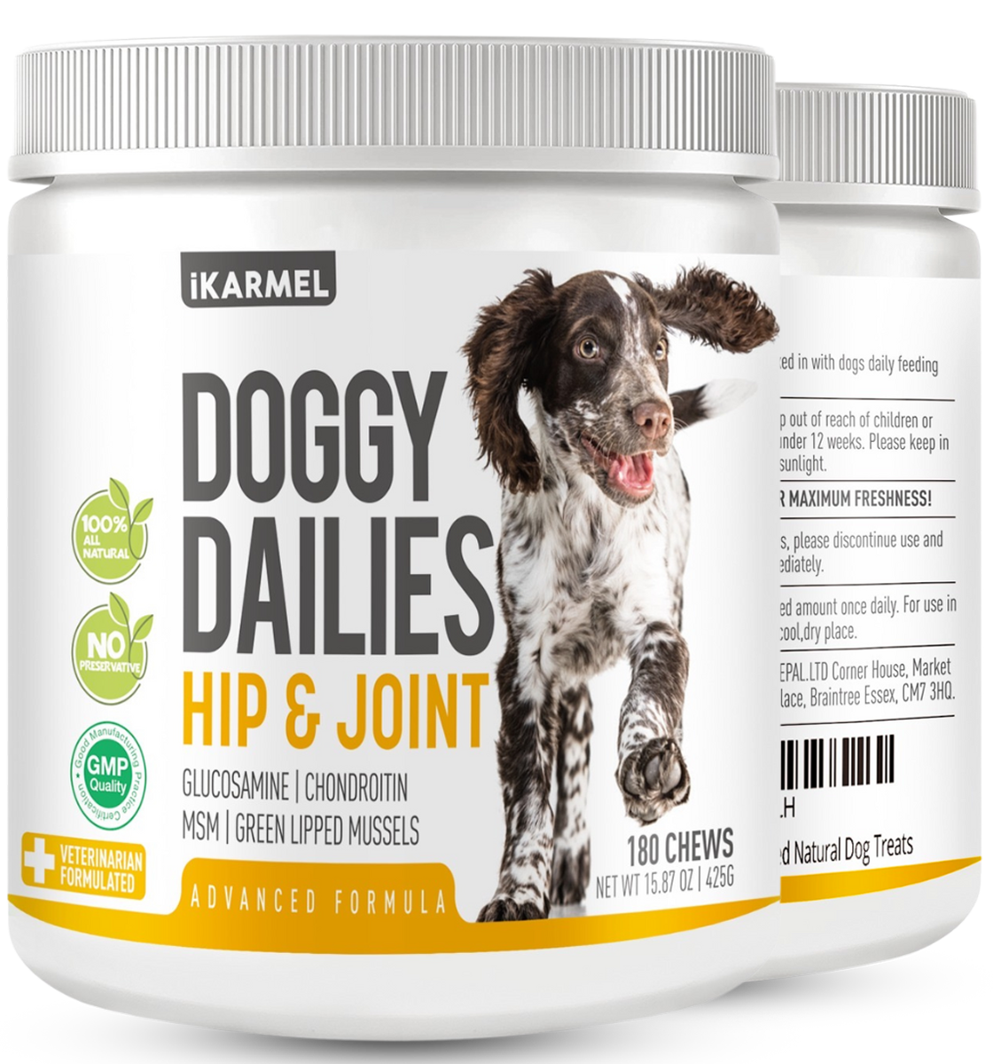 Dog hip and joint supplement container with happy dog and natural health formula labels