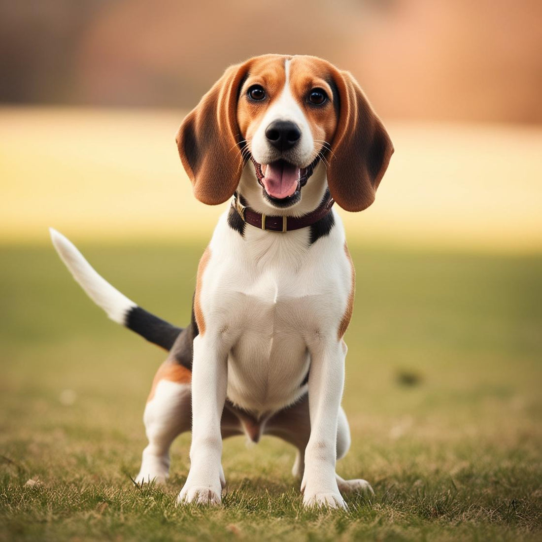Happy beagle dog sitting on grass, outdoors, showcasing pet health and vitality