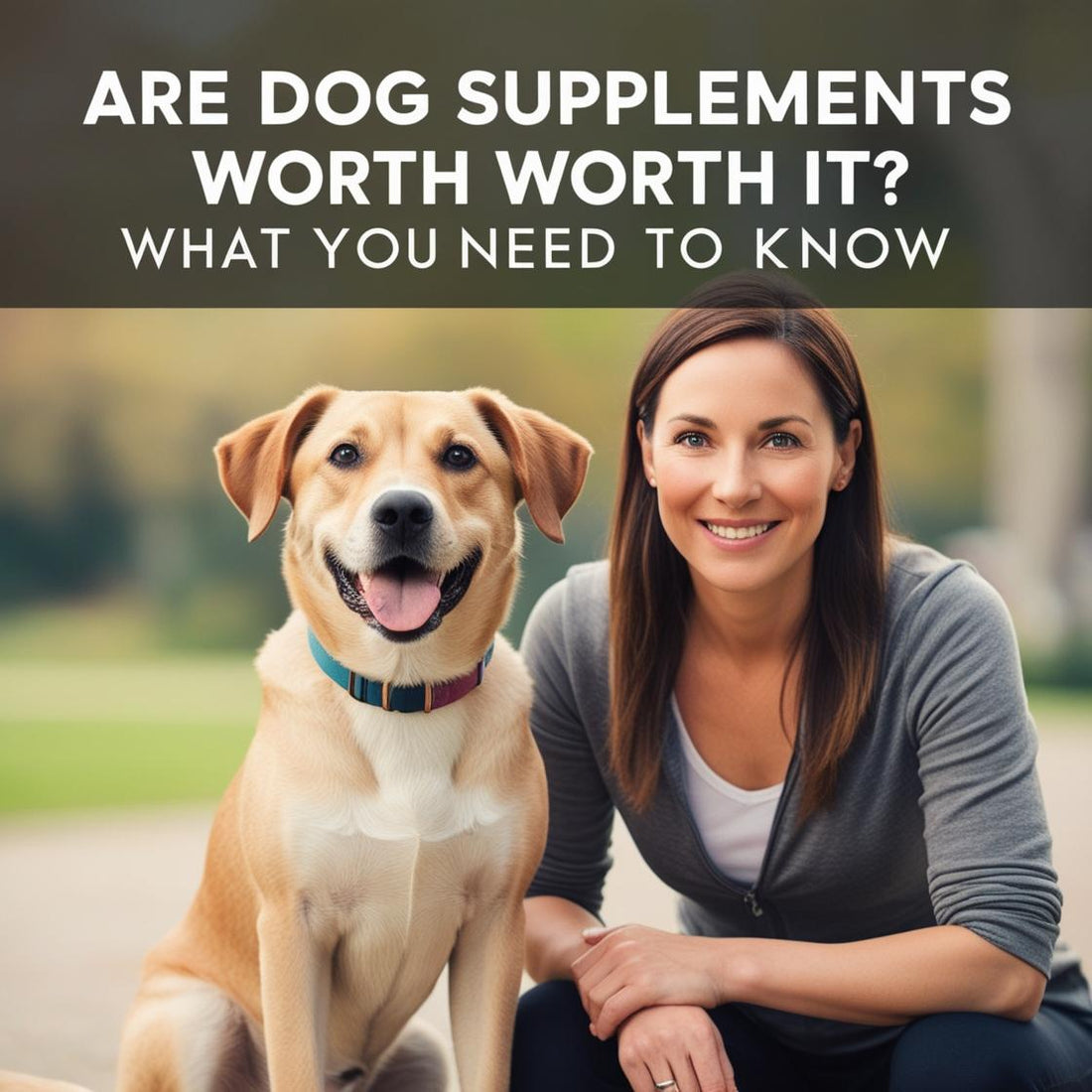 Smiling woman with happy dog outdoors, text about dog supplements and health support.