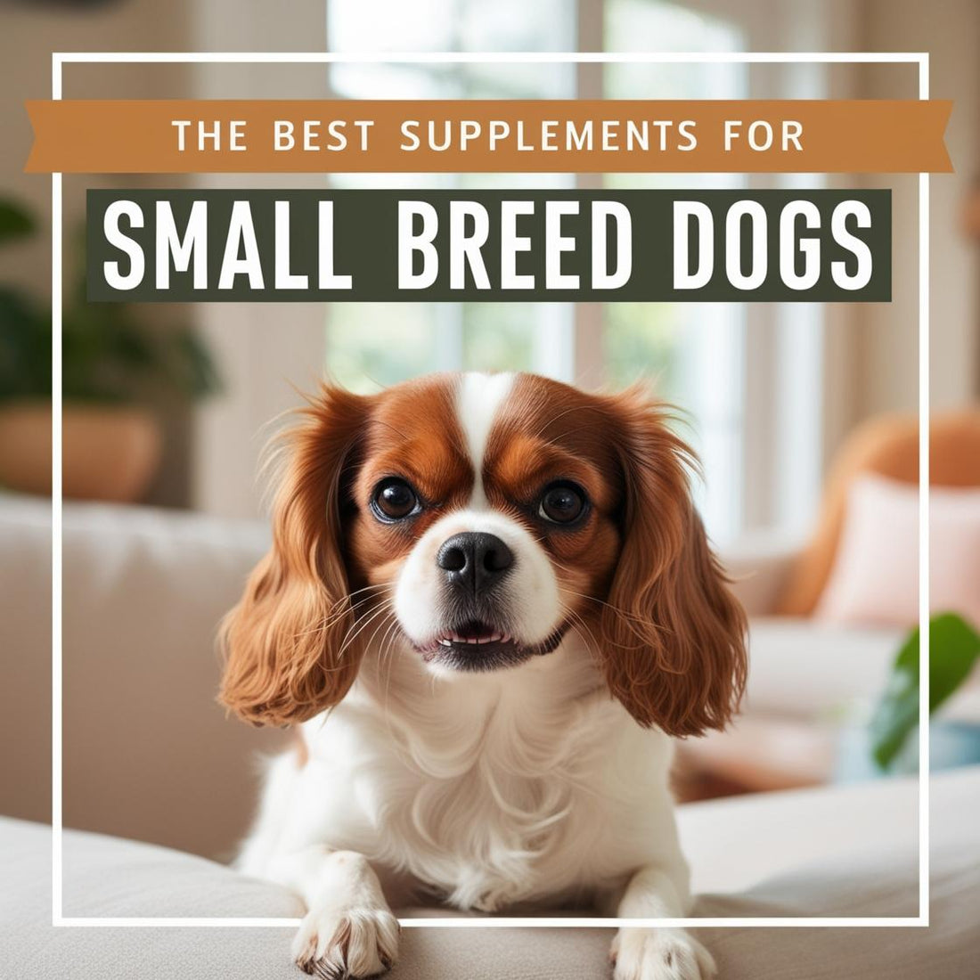 Small breed dog on couch with text promoting best dog supplements for small breeds