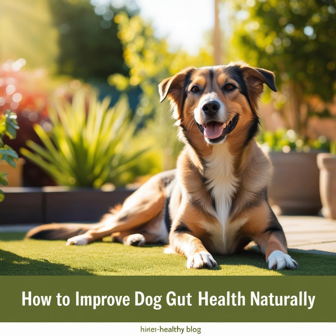 Happy dog lying on grass in garden, promoting natural dog gut health improvement tips.