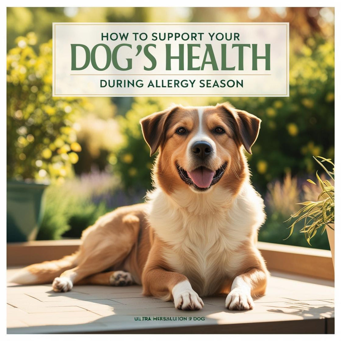 Happy dog lying on patio outdoors, text reads how to support your dog's health during allergy season.