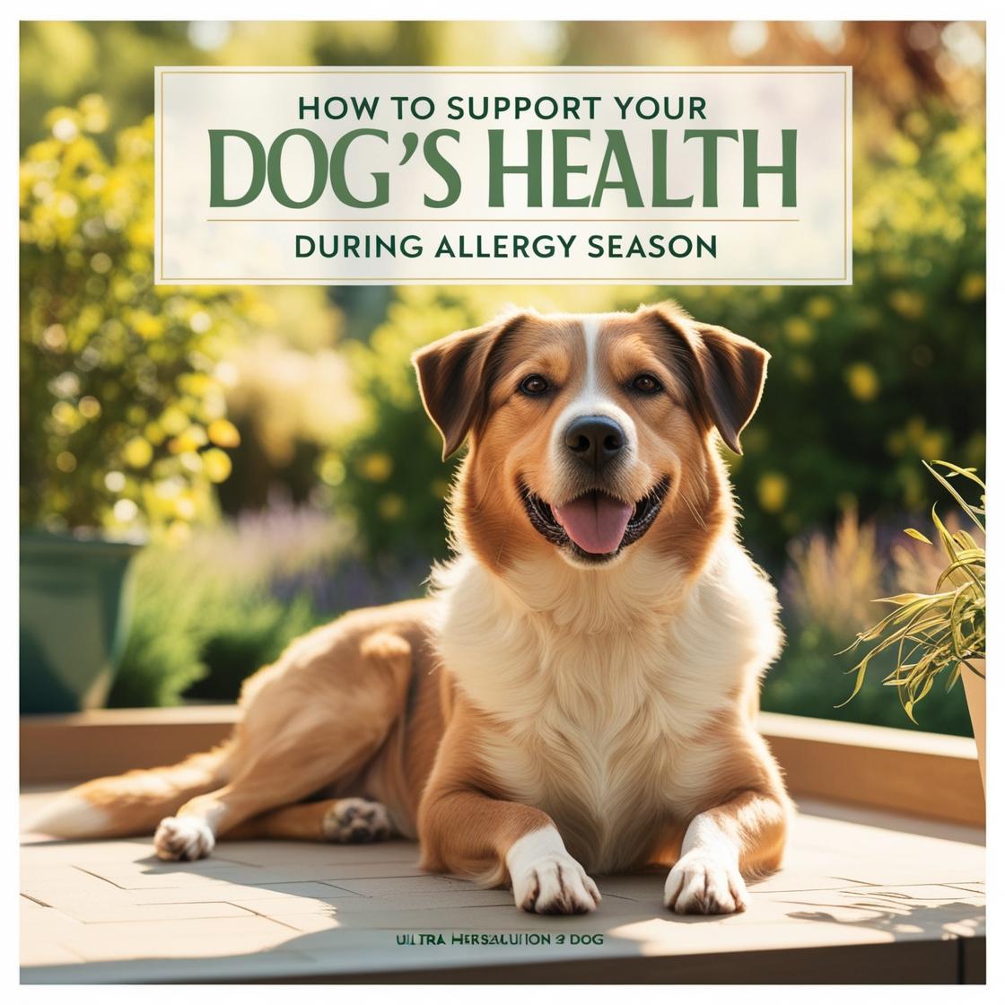 Happy dog lying on patio outdoors, text reads how to support your dog's health during allergy season.