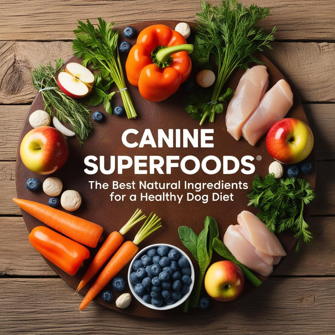 Natural dog superfoods ingredients including chicken, apples, carrots, blueberries, and herbs.