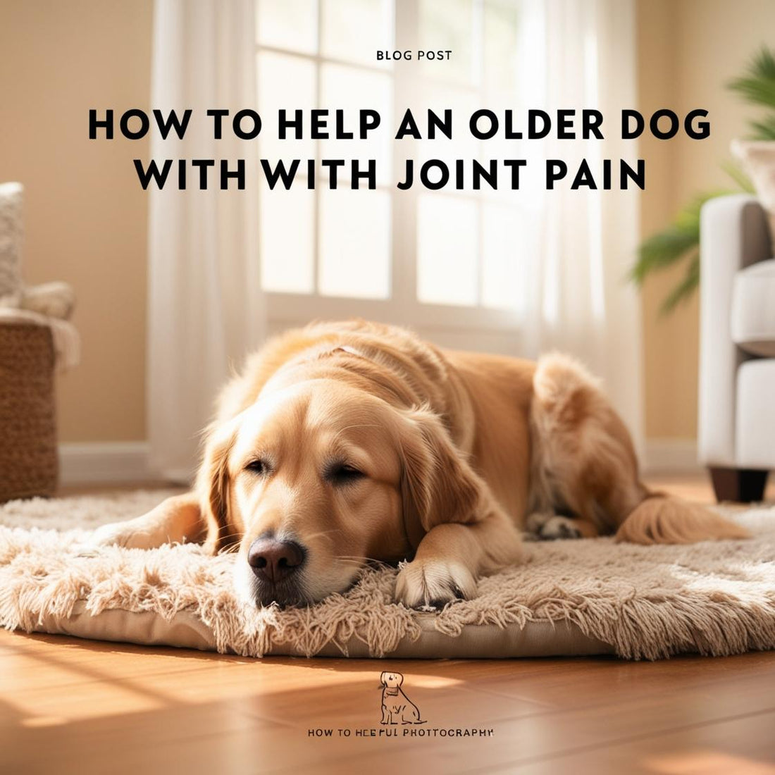 Senior golden retriever resting on a cozy rug in a sunlit living room, joint health focus.