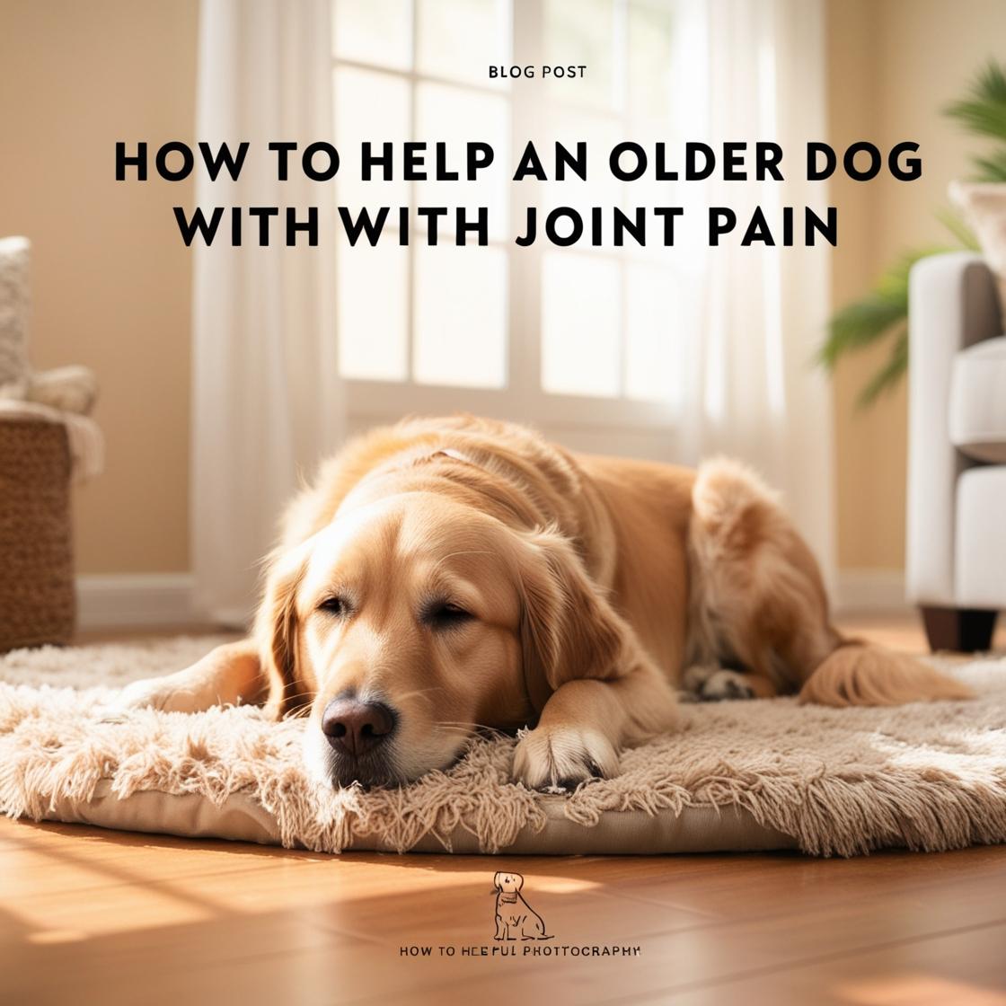 Senior golden retriever resting on a cozy rug in a sunlit living room, joint health focus.