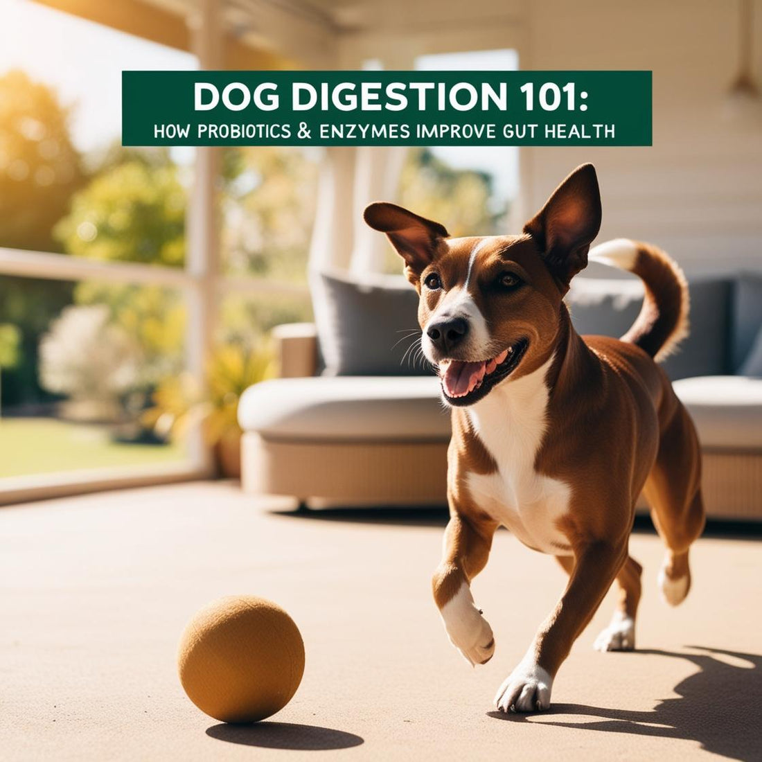 Happy dog playing indoors with ball, highlighting dog digestion, probiotics and gut health.