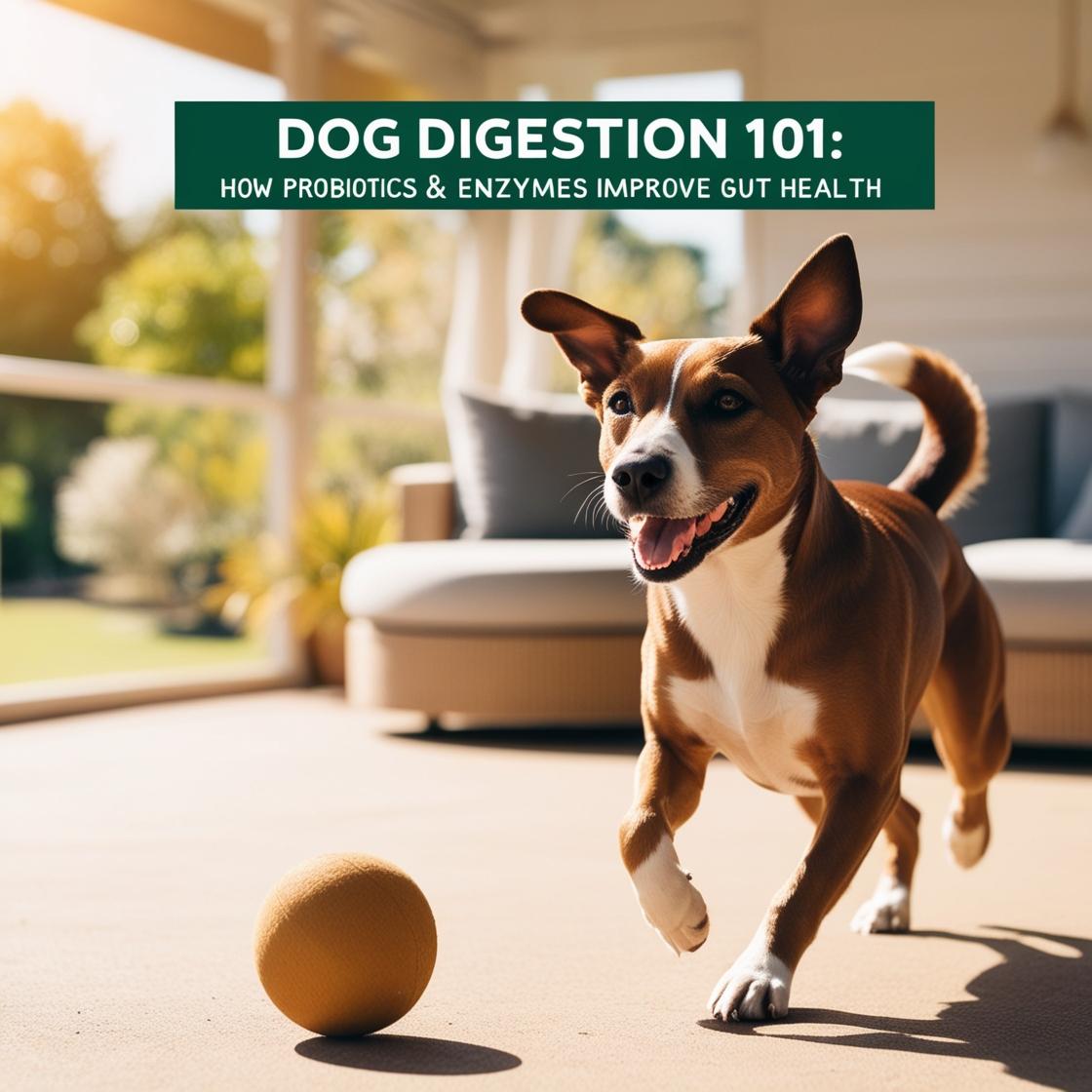 Happy dog playing indoors with ball, highlighting dog digestion, probiotics and gut health.