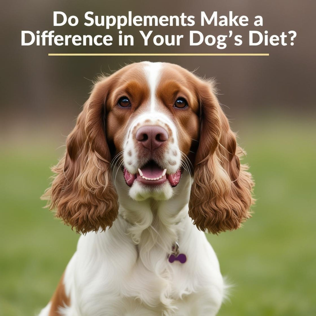 Happy dog outdoors with text about dog supplements and dietary health benefits