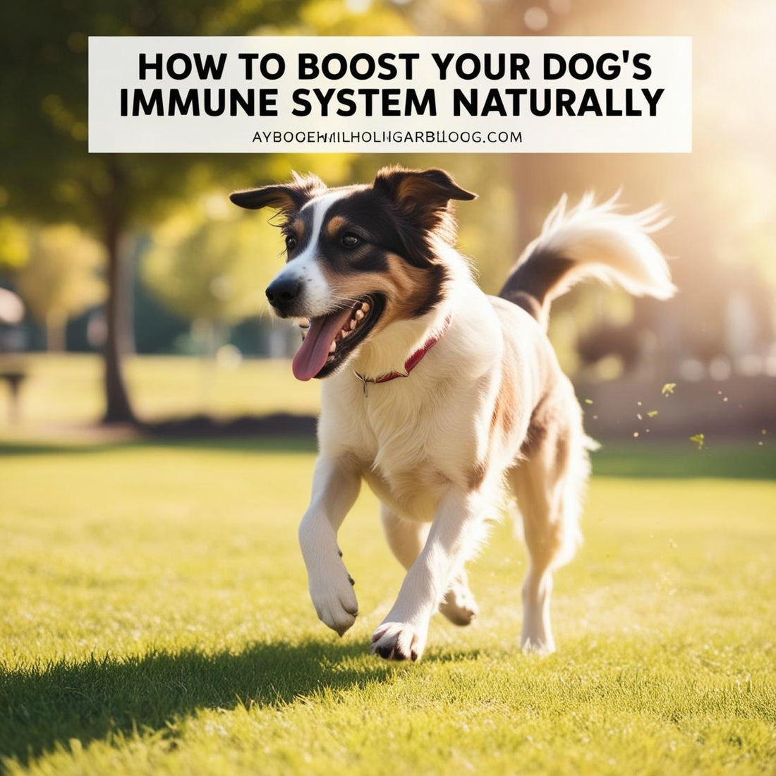 Happy dog running on grass in a sunny park, promoting natural immune support for dogs.