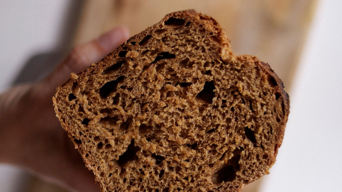 Close-up of a freshly baked rustic whole grain bread loaf