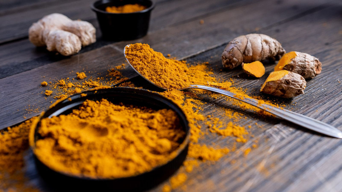 Turmeric powder and root, relevant to turmeric and pumpkin seeds as natural ingredients for dogs