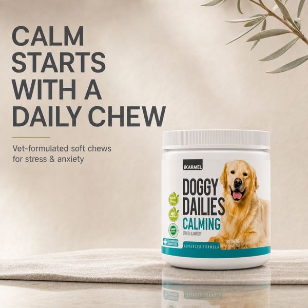 Doggy Dailies Calming Chews jar with "Calm Starts With A Daily Chew" - vet-formulated soft chews for stress and anxiety