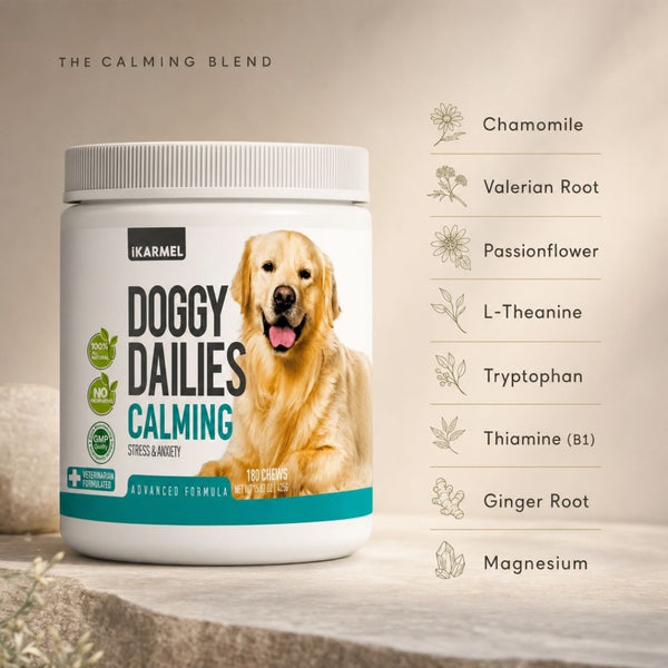Doggy Dailies Calming Chews jar with calming blend ingredients: chamomile, valerian root, passionflower, L-theanine, tryptophan, thiamine, ginger root, and magnesium