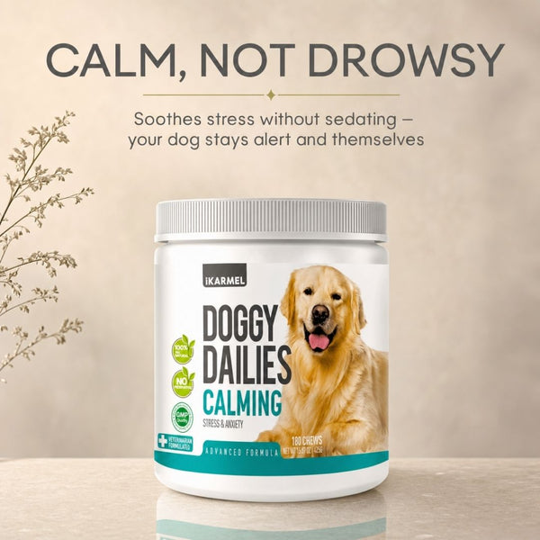 Doggy Dailies Calming Chews jar with "Calm, Not Drowsy" headline - soothes stress without sedating