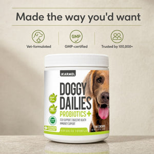 Doggy Dailies Probiotics+ chews jar with the headline "Made the way you'd want" - vet-formulated, GMP-certified and trusted by over 100,000 dog owners