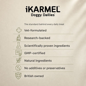 iKarmel Doggy Dailies brand standards behind every daily treat: vet-formulated, research-backed, scientifically proven ingredients, GMP-certified, natural ingredients, no additives or preservatives, British owned