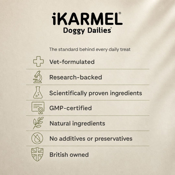 iKarmel Doggy Dailies brand standards behind every daily treat: vet-formulated, research-backed, scientifically proven ingredients, GMP-certified, natural ingredients, no additives or preservatives, British owned