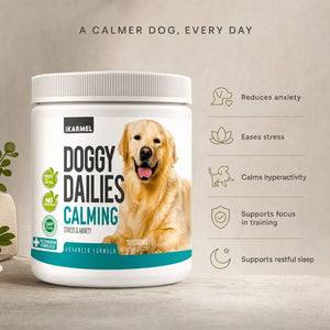Doggy Dailies Calming Chews jar - reduces anxiety, eases stress, calms hyperactivity, supports focus and restful sleep