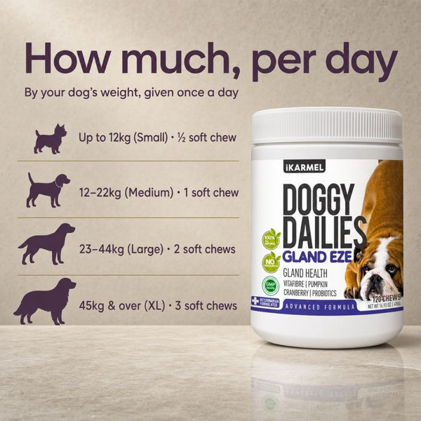 Doggy Dailies Gland Eze anal gland chews daily usage chart by dog weight, given once a day - half a soft chew up to 12kg, one chew for 12 to 22kg, two chews for 23 to 44kg, and three chews for 45kg and over