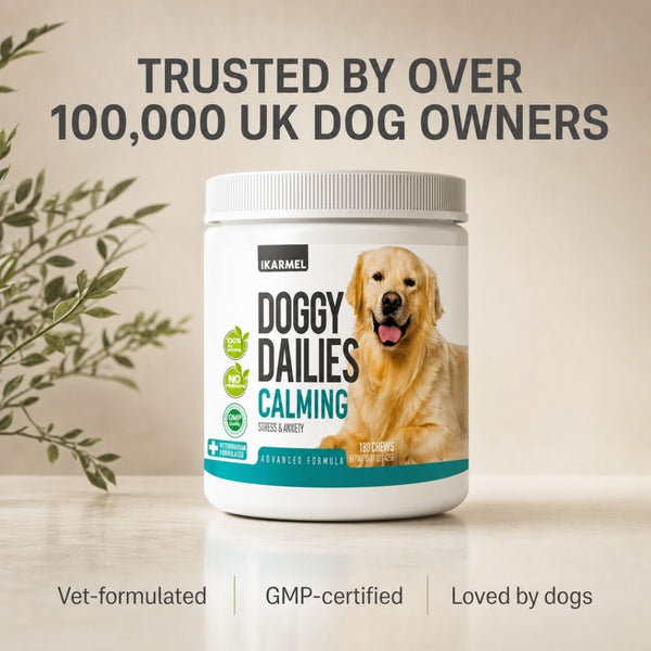 Doggy Dailies Calming Chews jar - trusted by over 100,000 UK dog owners, vet-formulated and GMP-certified