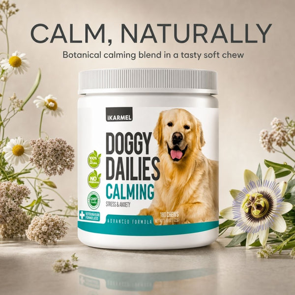Doggy Dailies Calming Chews jar with "Calm, Naturally" - botanical calming blend surrounded by chamomile and passionflower
