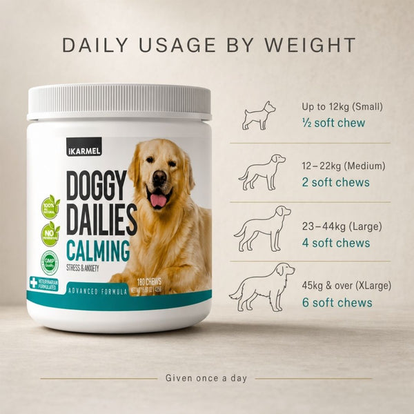 Doggy Dailies Calming Chews daily usage chart by dog weight, given once a day