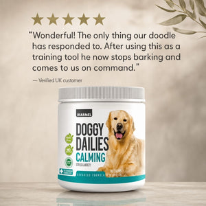 Doggy Dailies Calming Chews jar with 5-star verified UK customer review