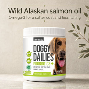 Doggy Dailies Probiotics+ chews jar highlighting wild Alaskan salmon oil - omega-3 for a softer coat and less itching